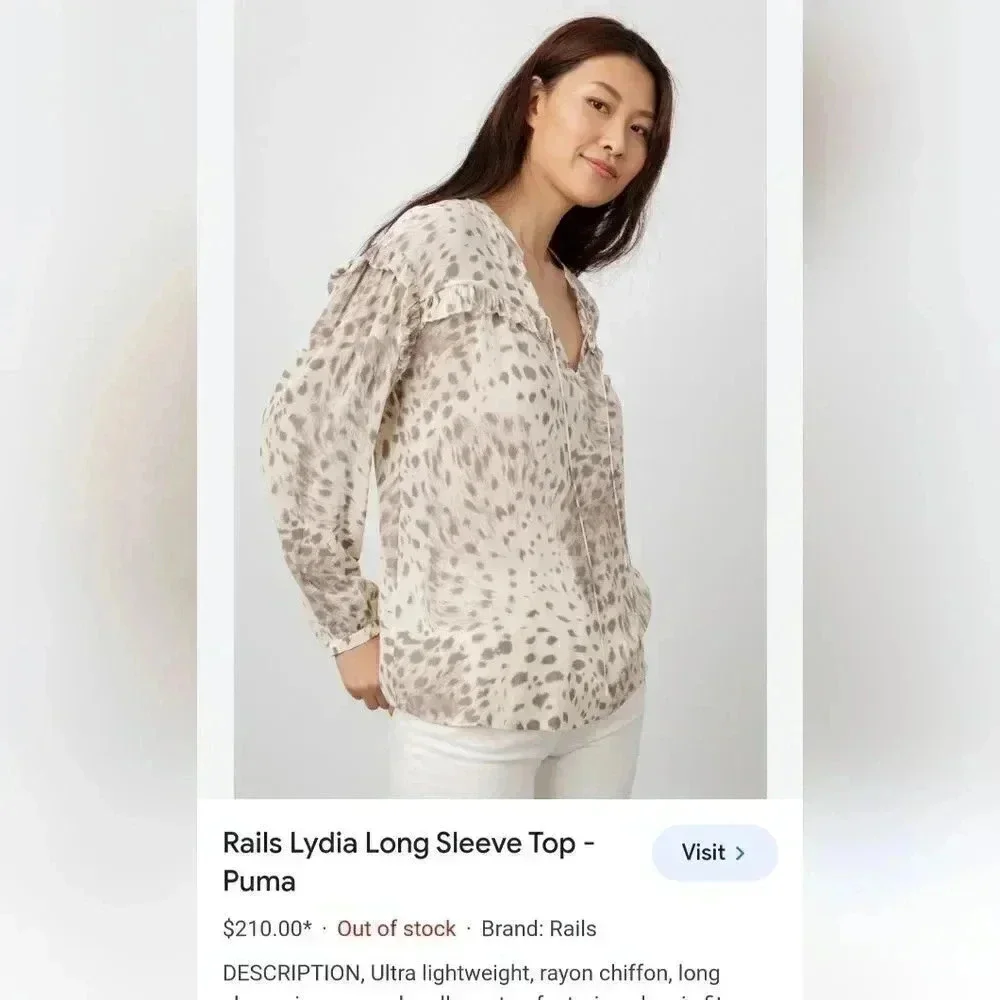 Rails Lydia Puma Animal Print Long Sleeve Lightweight Top Blouse M